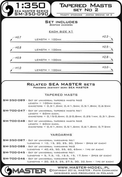 Master SM-350-090 Set of universal tapered masts No2 (length = 100mm each, diameters = 0,7/2,2mm; 0,8/2,5mm; 0,9/2,8mm; 1/3mm) 1/350 – immagine 3