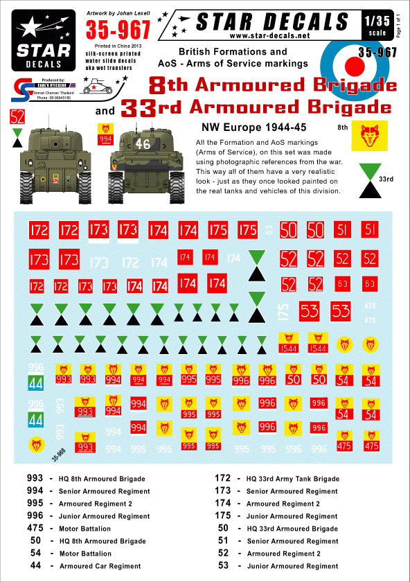 Star Decals 35-967 British 8th &amp;amp; 33rd Armoured Brigade 1/35