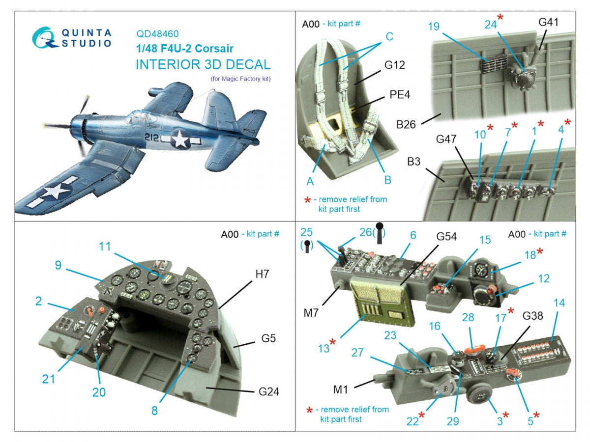 Intérieur coloré imprimé en 3D sur papier décalcomanie pour F4U-2 Corsair (Magic Factory) Quinta Studio QD48460, échelle 1/48  – image 5