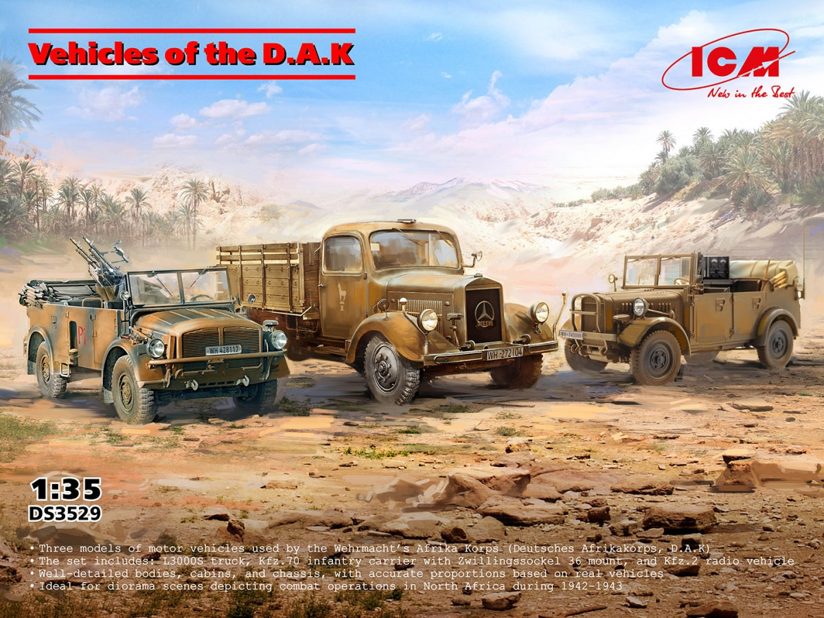 ICM DS3529 Vehicles of the D.A.K (s.E.Pkw Kfz.70 with Zwillingssockel 36, Typ L3000S, le.gl.Einheitz-Pkw Kfz.2) 1/35 – Bild 2