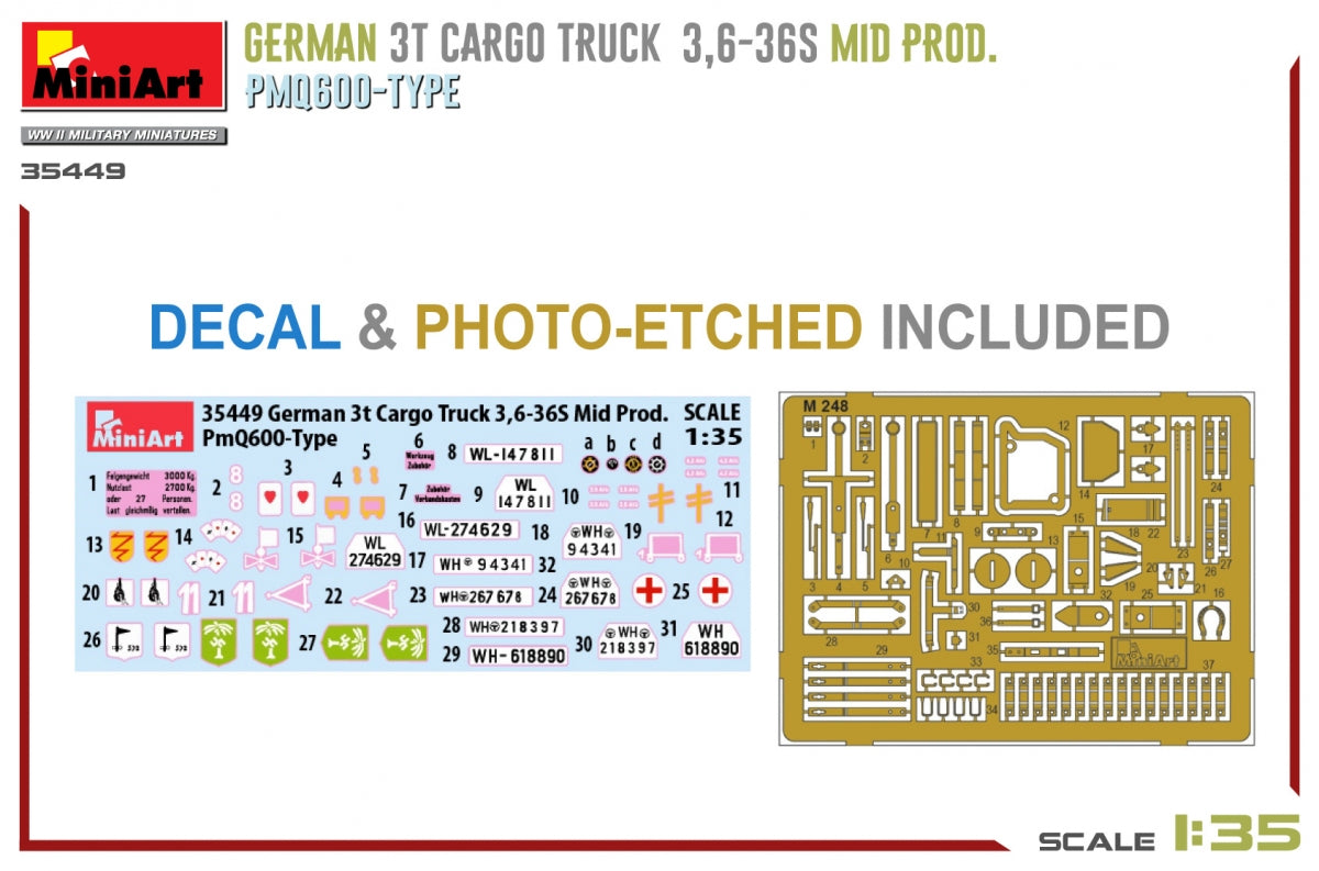 Miniart 35449 GERMAN 3T CARGO TRUCK 3,6-36S MID PROD. PMQ600-TYPE 1/35 – Bild 7