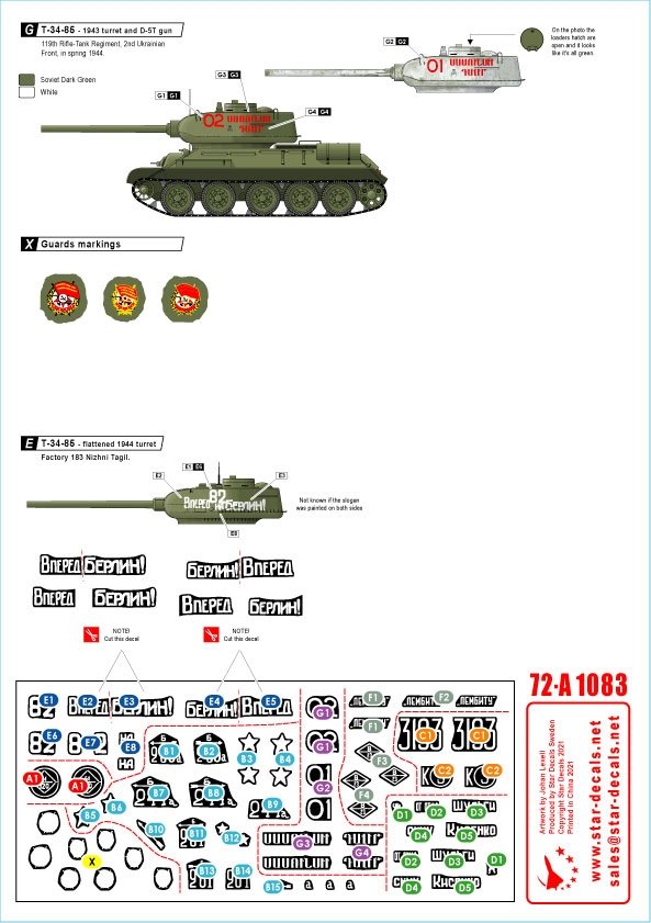 Star Decals 72-A1083 Soviet T-34-85 tanks 1944-45. 1944-45. Flattened 1944 turret and Factory 183 Nizhni Tagil turret. 1/72 – immagine 3