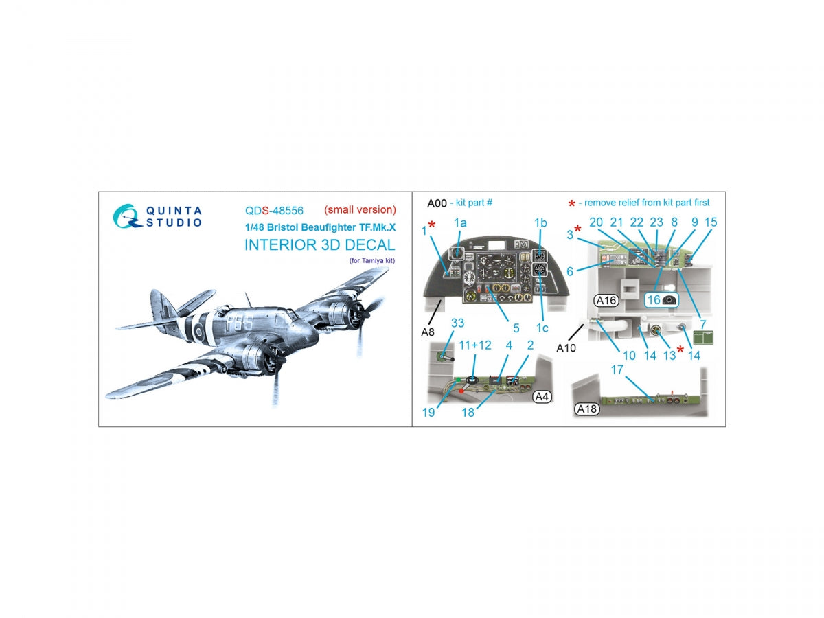 Quinta Studio QDS-48556 Bristol Beaufighter TF.Mk.X 3D-Printed &amp;amp; coloured Interior on decal paper (Tamiya) (small version) 1/48 – immagine 2