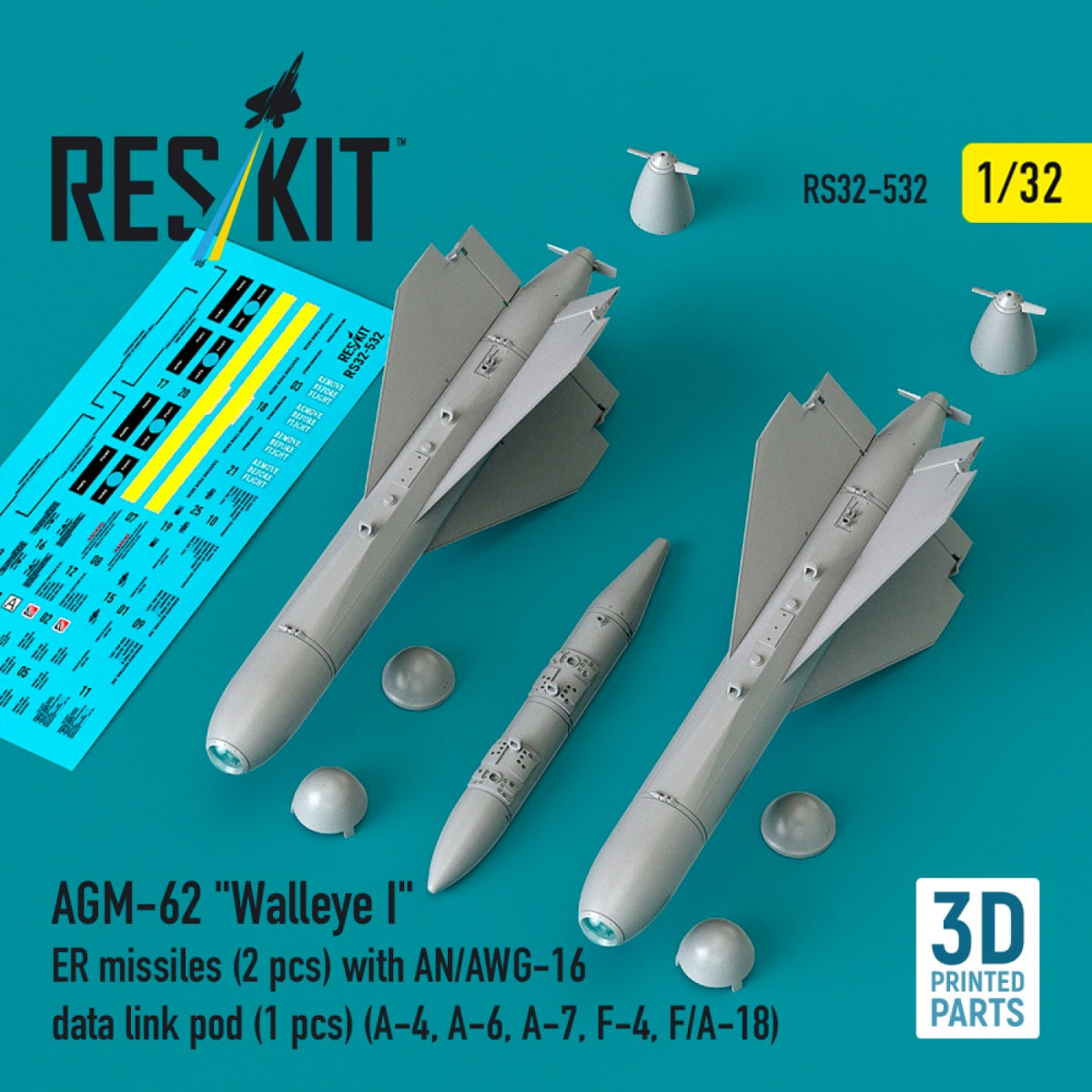 RESKIT RS32-0532 AGM-62 "Walleye I" ER missiles (2 pcs) with AN/AWG-16 data link pod (1 pcs) (A-4, A-6, A-7, F-4, F/A-18) (3D Printed) 1/32
