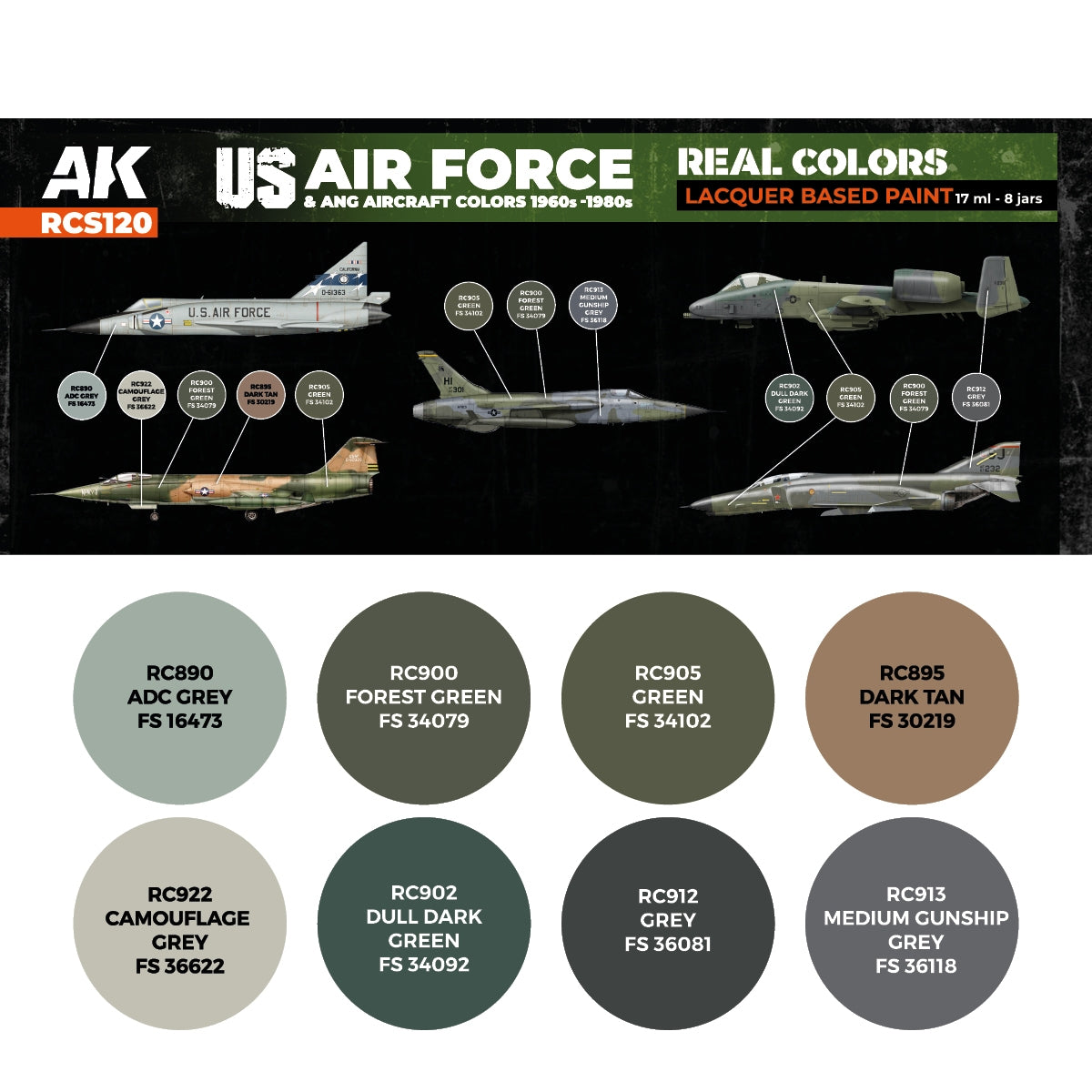AK Interactive RCS120 US Air Force and ANG Aircraft Colors 1960s-1980s 8x17ml – immagine 2