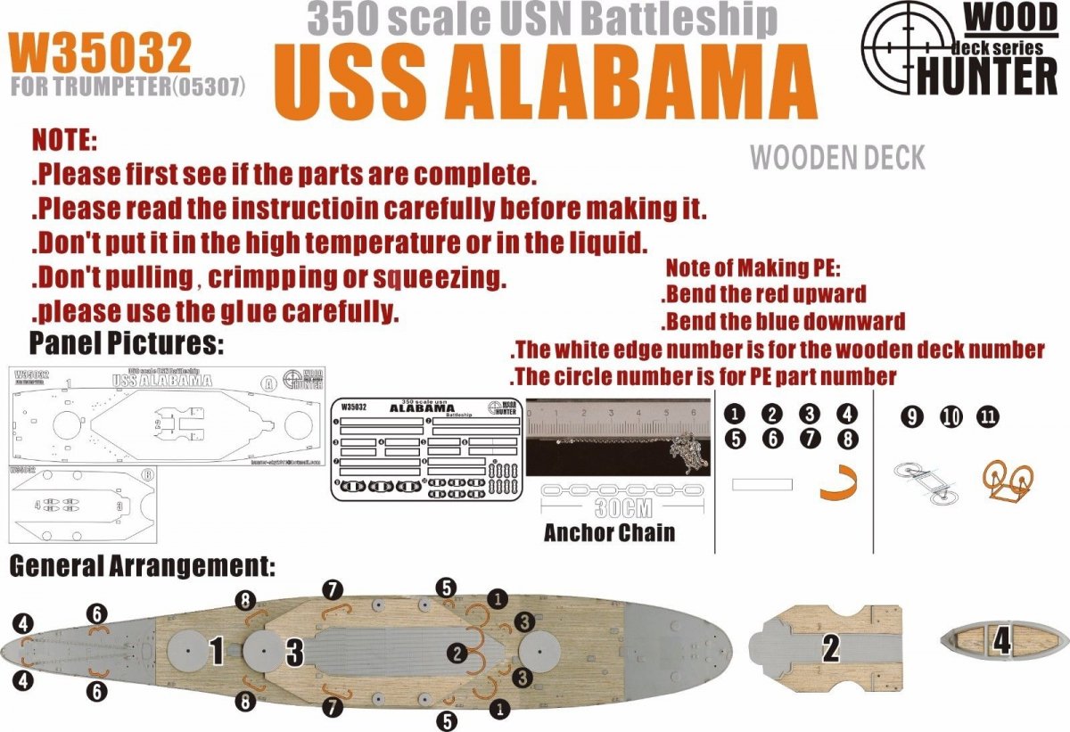 Wood Hunter W35032 Wood deck USS Alabama for Trumpeter 1/350