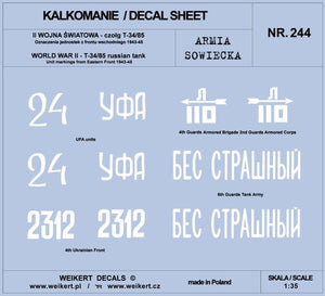 Weikert Decal DEC244 Armée Soviétique - TANK T-34/85 - Front de l&amp;#39;Est 1943-45 - vol.3 1/35