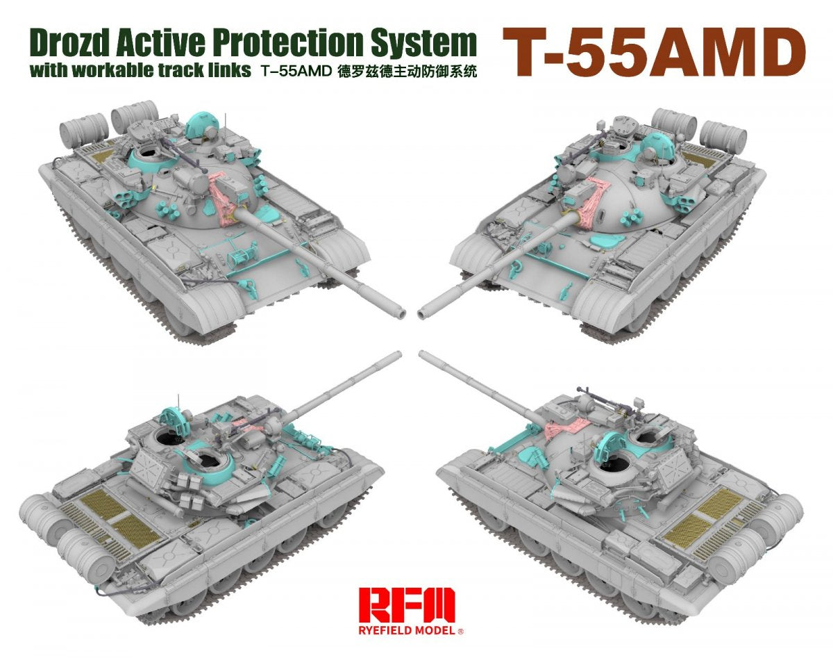 Maquette Rye Field 5091 T-55AMD Drozd APS avec chenilles fonctionnelles, échelle 1/35 – image 3