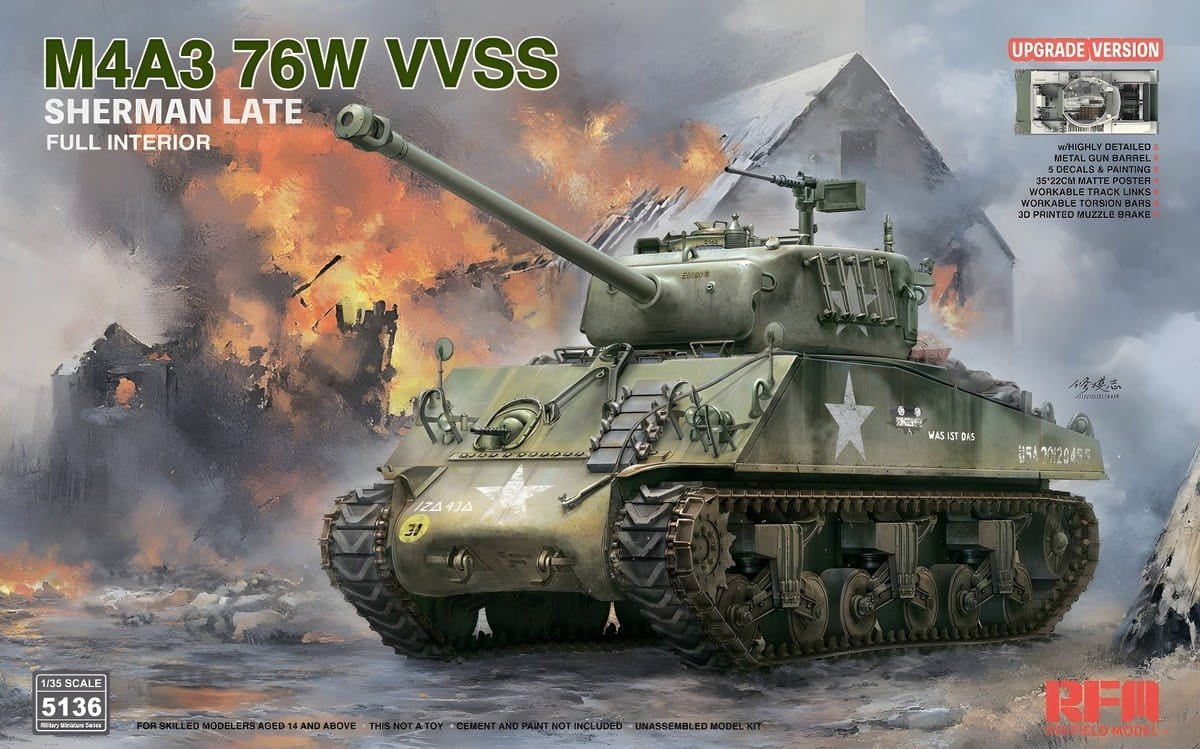 Maquette Rye Field 5136 M4A3 76W VVSS Sherman, version modernisée tardive, intérieur complet, échelle 1/35