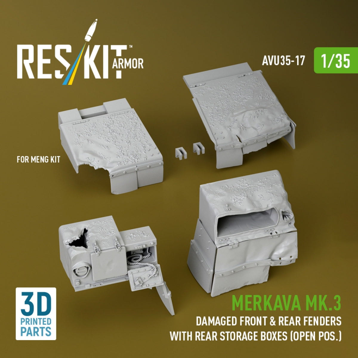 RESKIT AVU35-0017 Merkava Mk.3 damaged front &amp; rear fenders with rear storage boxes (open pos.) for Meng kit (3D Printed) 1/35