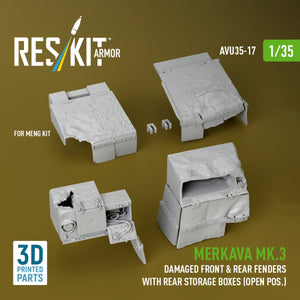 RESKIT AVU35-0017 Merkava Mk.3 damaged front &amp; rear fenders with rear storage boxes (open pos.) for Meng kit (3D Printed) 1/35