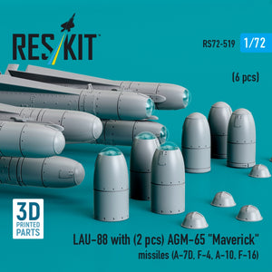 RESKIT RS72-0519 LAU-88 with (2 pcs) AGM-65 &amp;quot;Maverick&amp;quot; missiles (6 pcs) (3D Printed) 1/72 – immagine 3