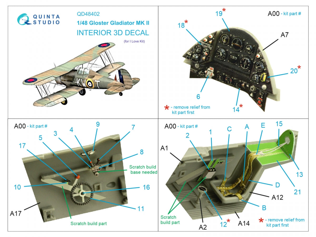 Quinta Studio QD48402 Gloster Gladiator MKII 3D-Printed &amp;amp; coloured Interior on decal paper (I Love Kit) 1/48 – Bild 2