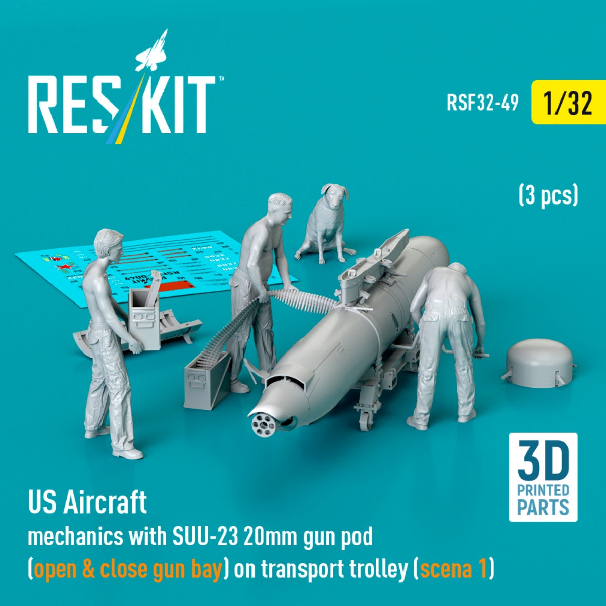RESKIT RSF32-0049 US Aircraft mechanics with SUU-23 20mm gun pod (open &amp; close gun bay) on transport trolley (scene 1) (3 pcs) (3D Printed) 1/32