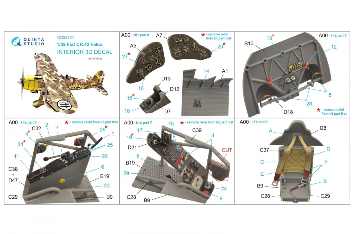 Quinta Studio QD32104 Fiat CR.42 3D-Printed &amp;amp; coloured Interior on decal paper (ICM) 1/32 – immagine 14