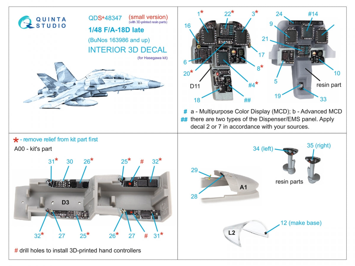 Quinta Studio QDS+48347 FA-18D late 3D-Printed coloured Interior on decal paper (Hasegawa) (with 3D-printed resin parts) (Small version) 1/48 – immagine 2