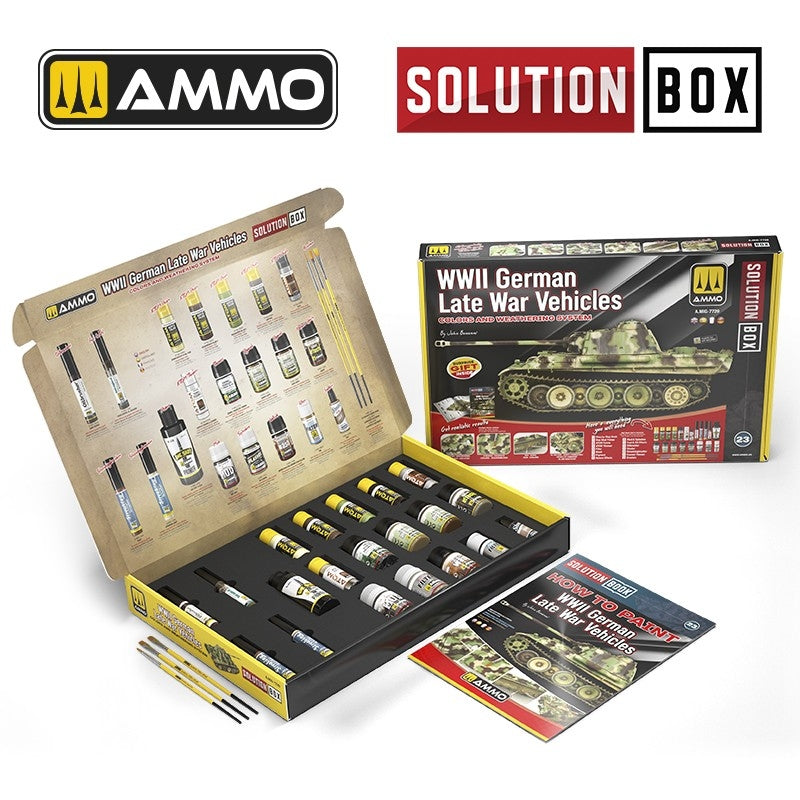 AMMO of Mig Jimenez 7729 SOLUTION BOX 23 – WWII German Late War Vehicles. Colors and Weathering System – Bild 2