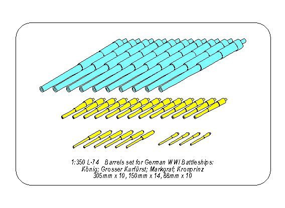 Aber 350L-74 Barrels set for German WWI Battleships: König; Grosser Kurfürst; Markgraf; Kronprinz 305mm x 10, 150mm x 14, 88mm x 10 1/350 – zdjęcie 12