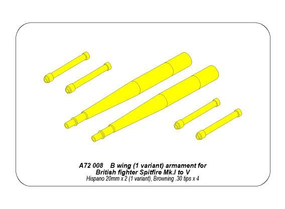 Aber A72 008 B wing (1 variant) armament for British fighter Spitfire Mk.I to V; Hispano 20mm x 2 (1 variant), Browning .30 tips x 4 1/72 – Bild 4