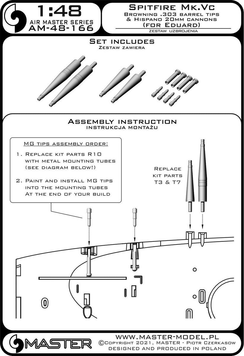 Master AM-48-166 Spitfire Mk. Vc - lufy działek Hispano 20mm w osłonach i końcówki luf Browning .303 (do modelu Eduarda) 1/48 – Bild 2
