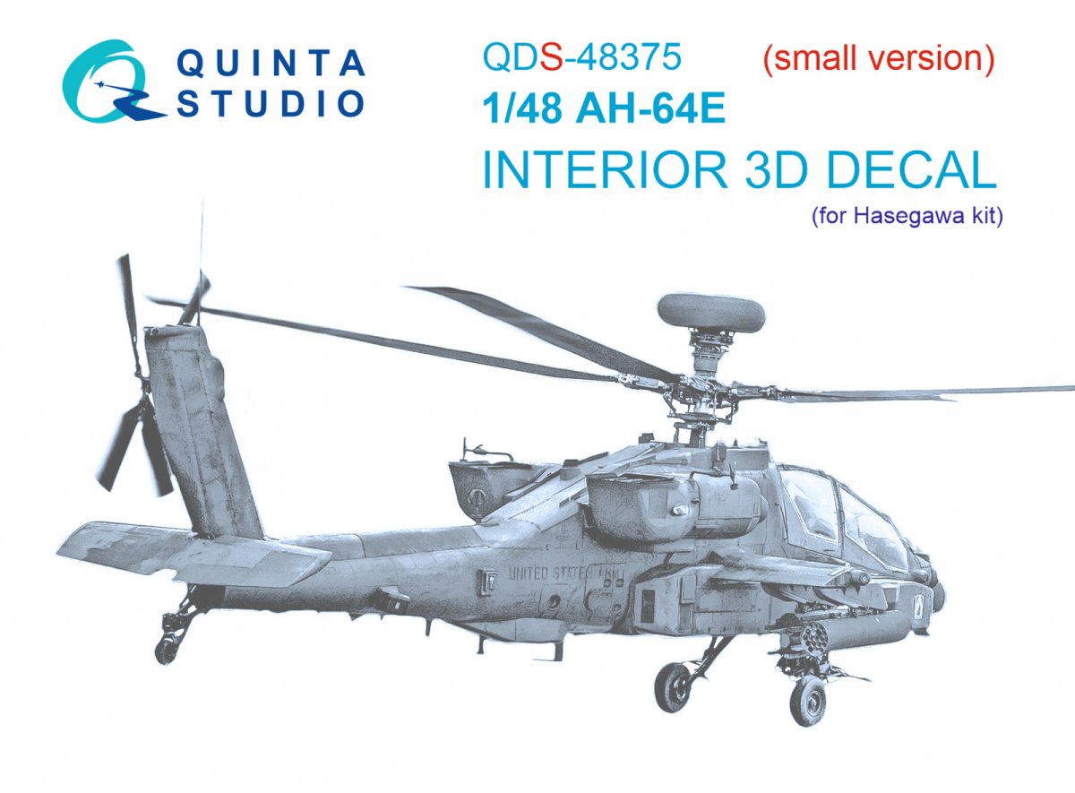 Quinta Studio QDS-48375 AH-64E 3D-Printed &amp;amp; coloured Interior on decal paper (Hasegawa) (Small version) 1/48