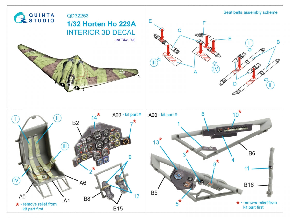 Quinta Studio QD32253 Horten Ho 229A 3D-Printed &amp;amp; coloured Interior on decal paper (Takom) 1/32 – immagine 10