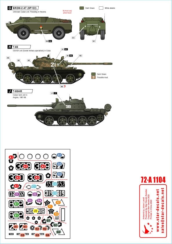 Star Decals 72-A1104 Chars et véhicules blindés à Cuba n° 2. T-34/85, IS-2M, T-54A, T-55, T-55A, T-62A, ZSU-57-2, BRDM-2 (9P122). Échelle 1/72 – image 3