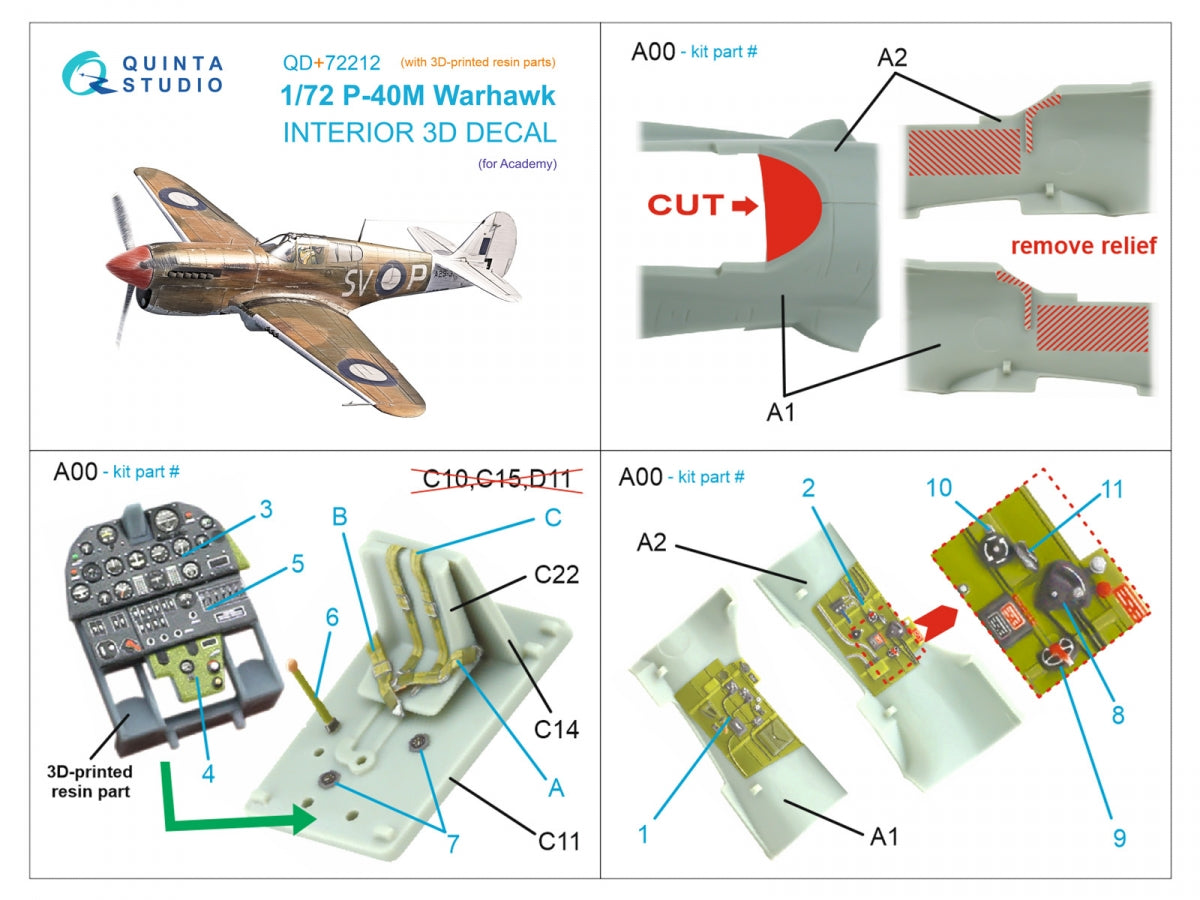 Quinta Studio QD+72212 P-40M Warhawk 3D-Printed &amp;amp; coloured Interior on decal paper (Academy) (with 3D-printed resin parts) 1/72 – Bild 11