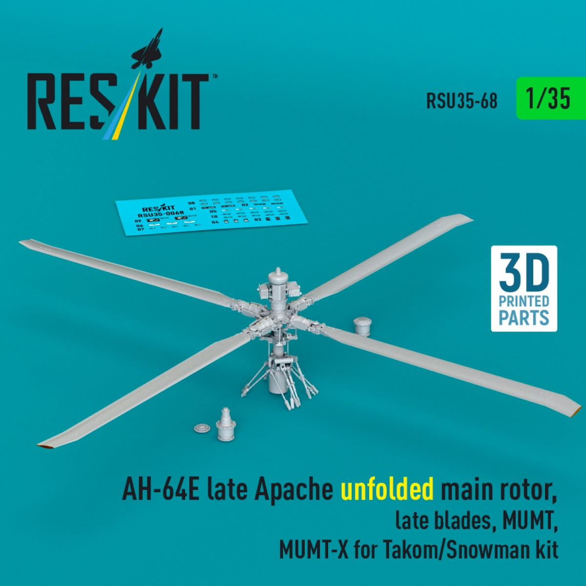 RESKIT RSU35-0068 AH-64E late Apache unfolded main rotor, late blades, MUMT, MUMT-X for Takom/Snowman kit (3D Printed) 1/35
