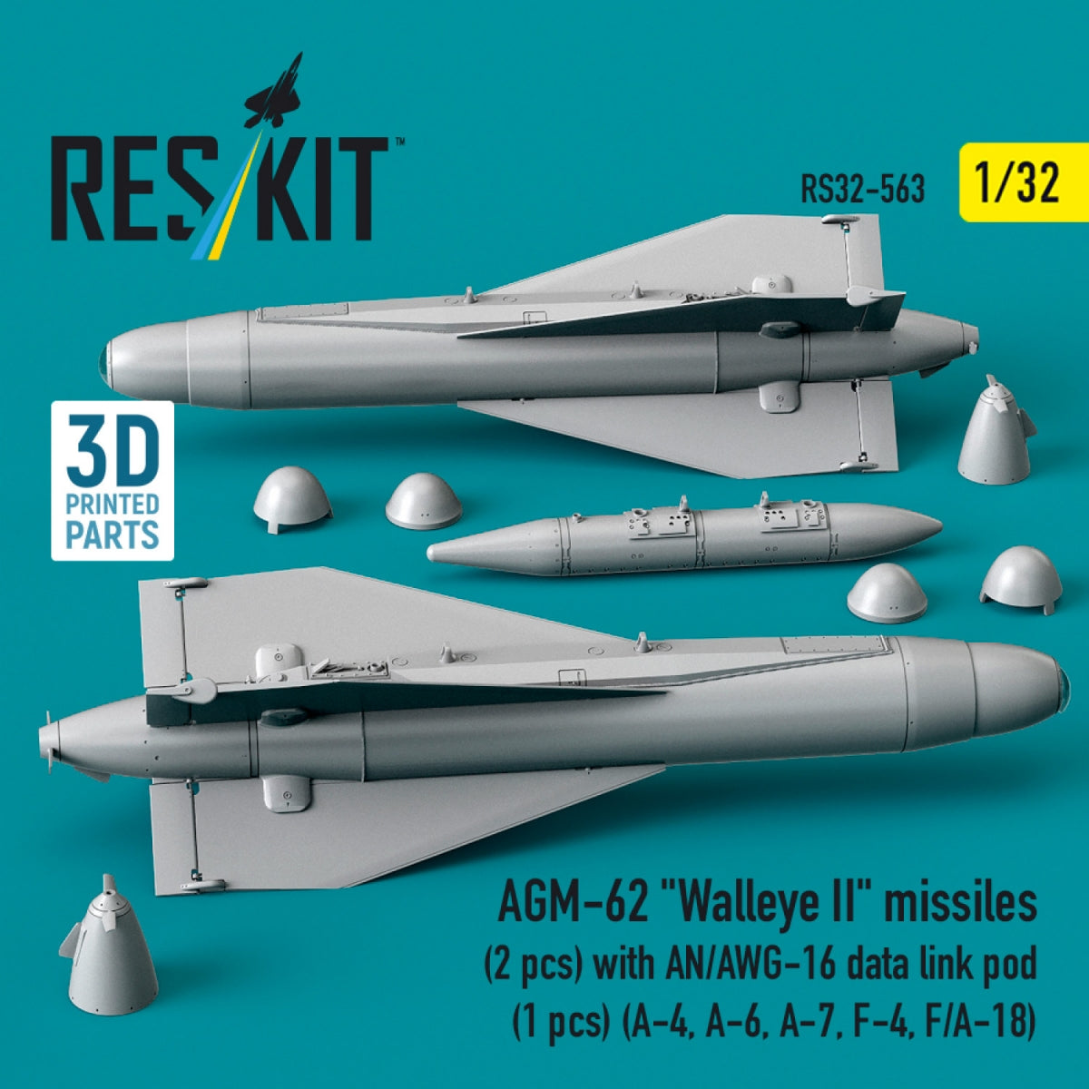 RESKIT RS32-0563 AGM-62 "Walleye II" missiles (2 pcs) with AN/AWG-16 data link pod (1 pcs) (A-4, A-6, A-7, F-4, F/A-18) (3D Printed) 1/32