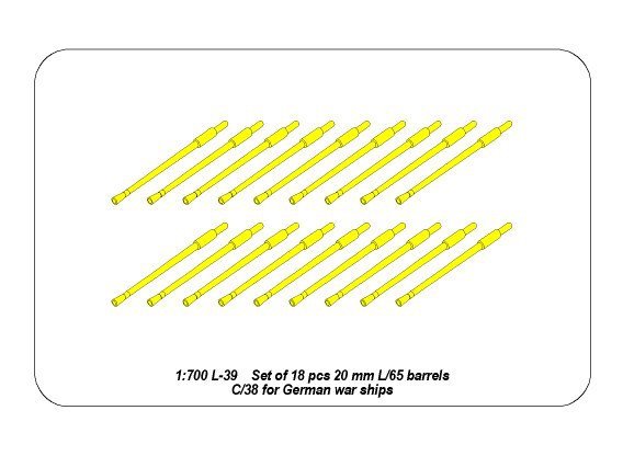 Aber 1/700L-39 Set of 18 pcs 20 mm L/65 C/38 gun barrels for German war ships 1/700 – immagine 4