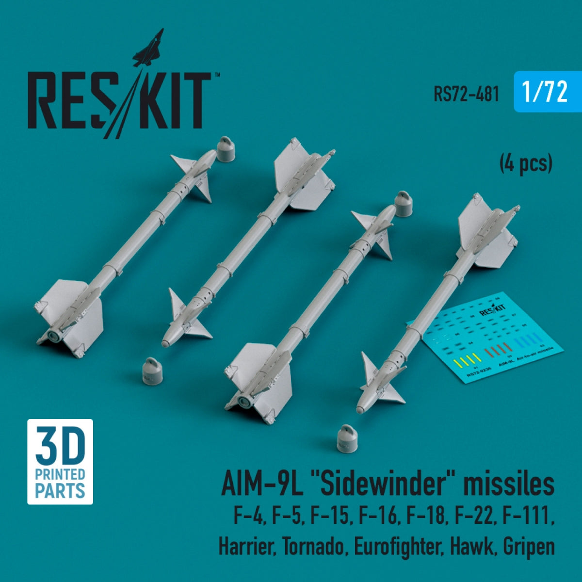 Missiles AIM-9L « Sidewinder » RESKIT RS72-0481 (4 pièces) (Impression 3D) 1/72