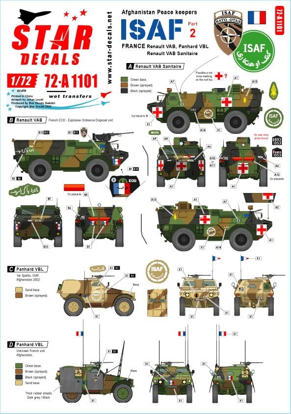 Star Decals 72-A1101 ISAF-Afghanistan n° 2. Casques bleus français. Renault VAB, VAB Sanitaire, Panhard VBL. Échelle 1/72.