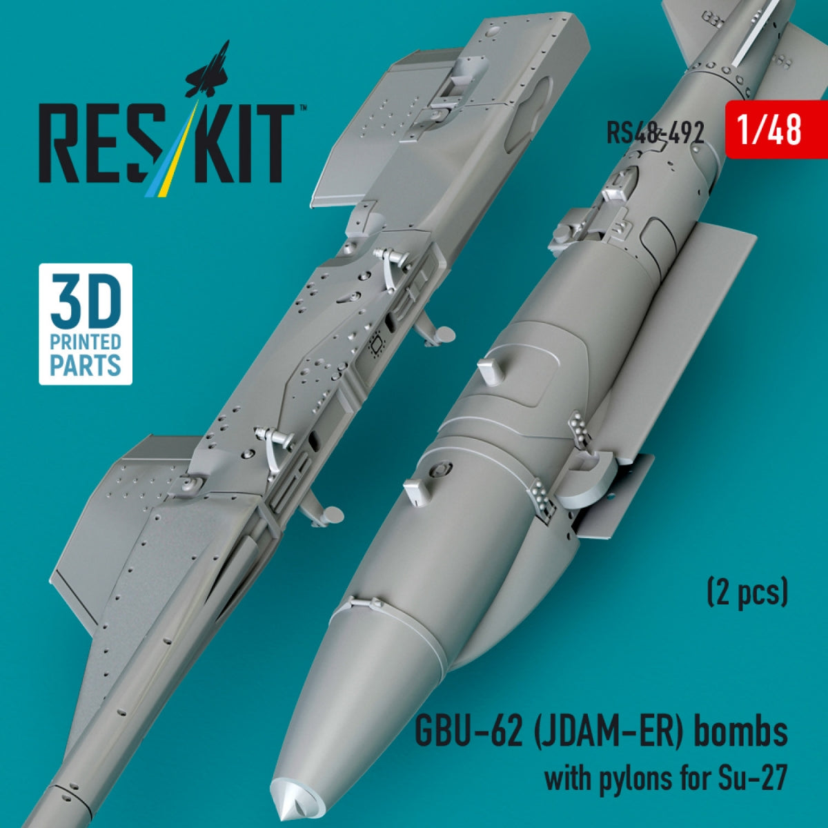 RESKIT RS48-0492 GBU-62 (JDAM-ER) bombs with pylons for Su-27 "Flanker" (2 pcs) (3D Printed) 1/48