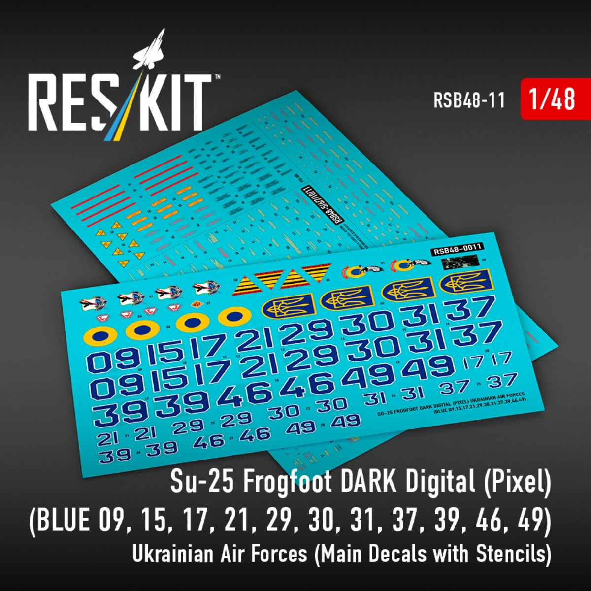 RESKIT RSB48-0011 Su-25 Frogfoot DARK Digital (Pixel) (BLUE 09, 15, 17, 21, 29, 30, 31, 37, 39, 46, 49) Ukrainian Air Forces (Main Decals with Stencils)1/48