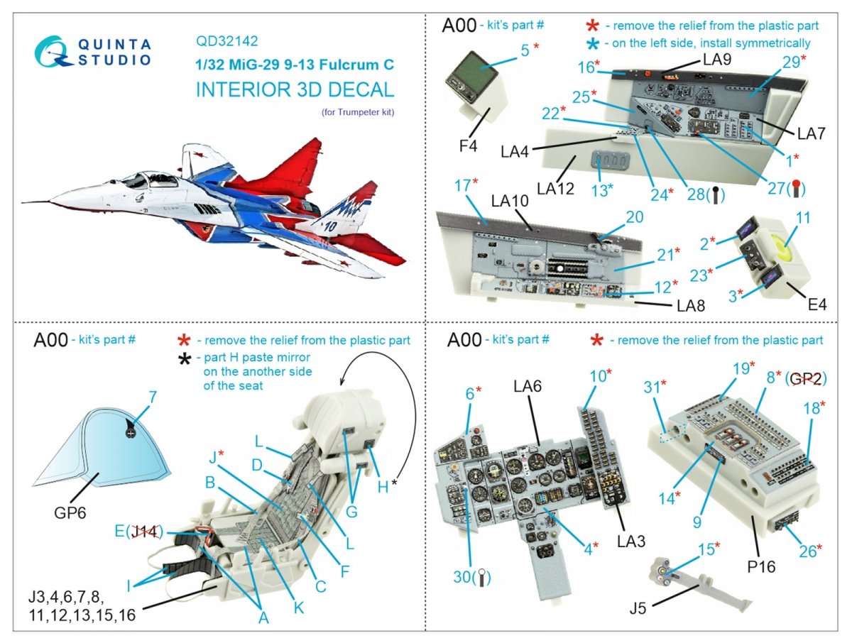 Quinta Studio QD32142 MiG-29 9-13 Fulcrum C 3D-Printed &amp;amp; coloured Interior on decal paper (Trumpeter) 1/32 – zdjęcie 2