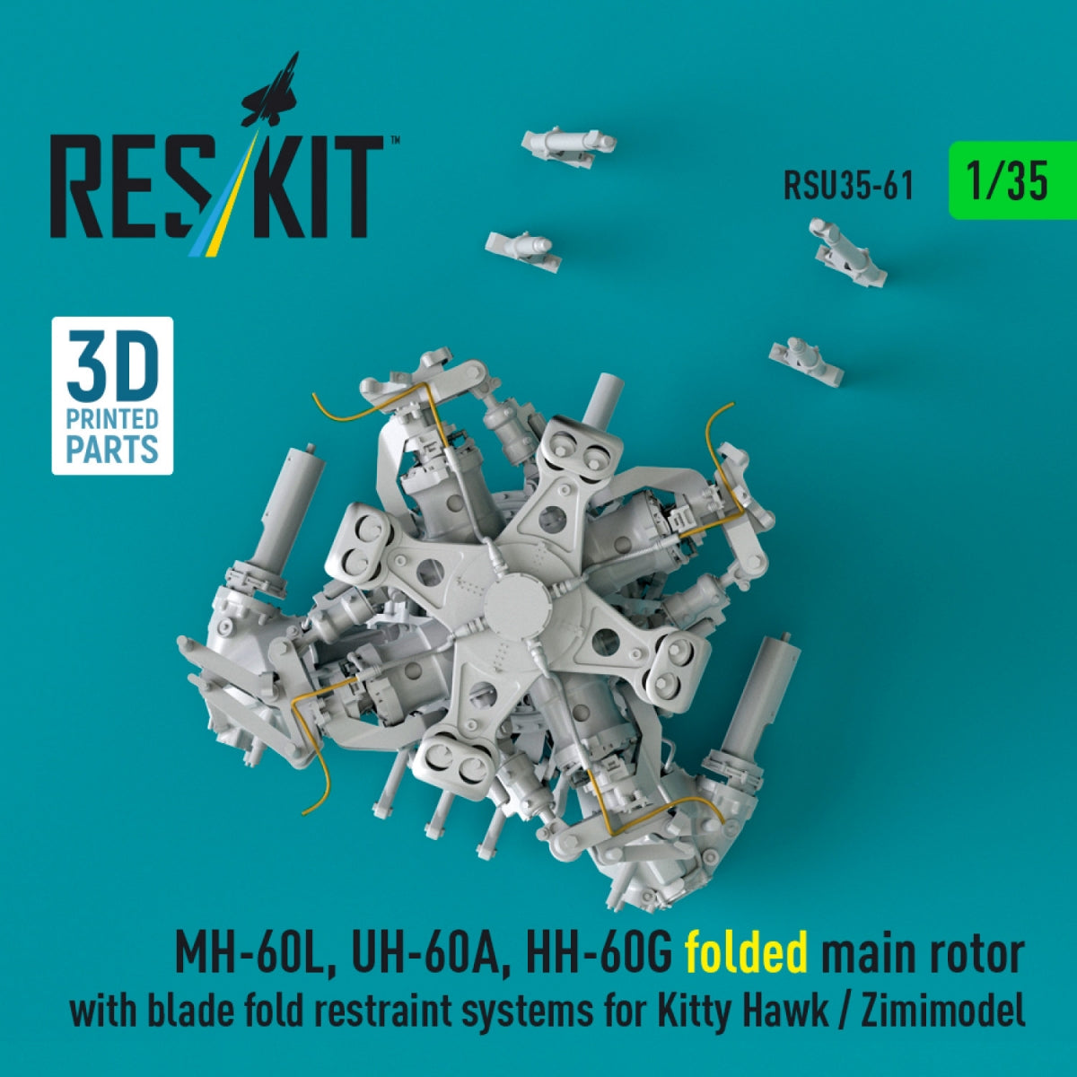 RESKIT RSU35-0061 MH-60L, UH-60A, HH-60G folded main rotor with blade fold restraint systems for Kitty Hawk / Zimimodel (3D Printed) 1/35