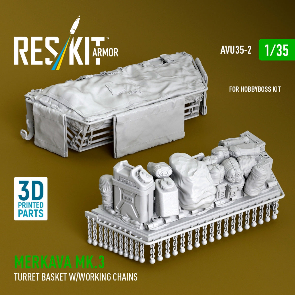RESKIT AVU35-0002 Merkava Mk.3 turret stowage basket w/working chains for HobbyBoss kit (3D Printed) 1/35