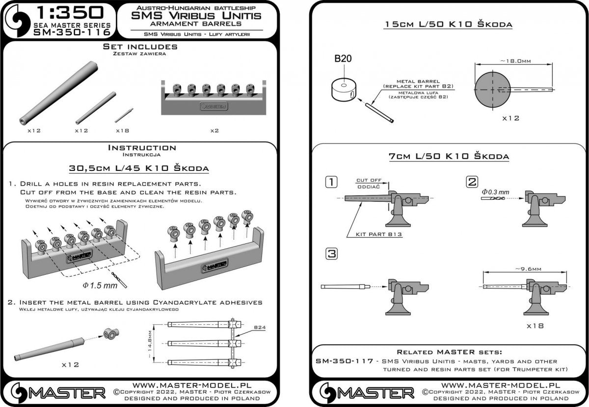 Master SM-350-116 SMS Viribus Unitis armament - 305mm (12pcs), 150mm (12pcs) barrels, 70mm (18pcs) barrels (for Trumpeter kit) 1/350 – Bild 5