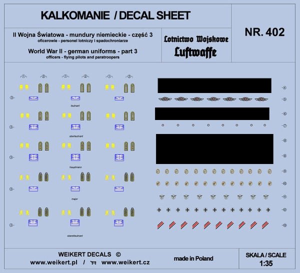 Weikert Decals DEC402 Uniformes allemands - Partie 3 - Luftwaffe - Personnel de l'Armée de l'Air et Parachutistes 1/35