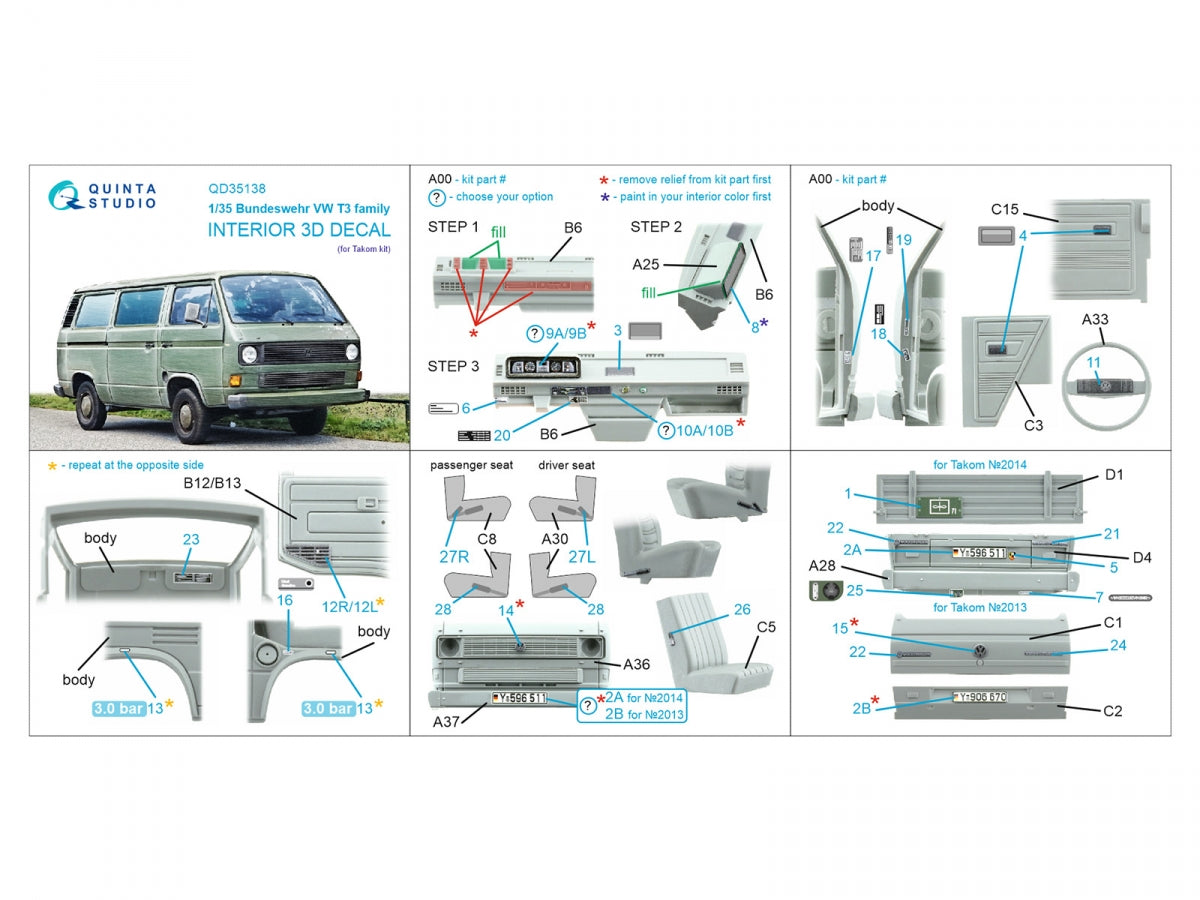 Quinta Studio QD35138 Bundeswehr VW T3 Family 3D-Printed &amp;amp; coloured Interior on decal paper (Takom) 1/35 – imagen 15