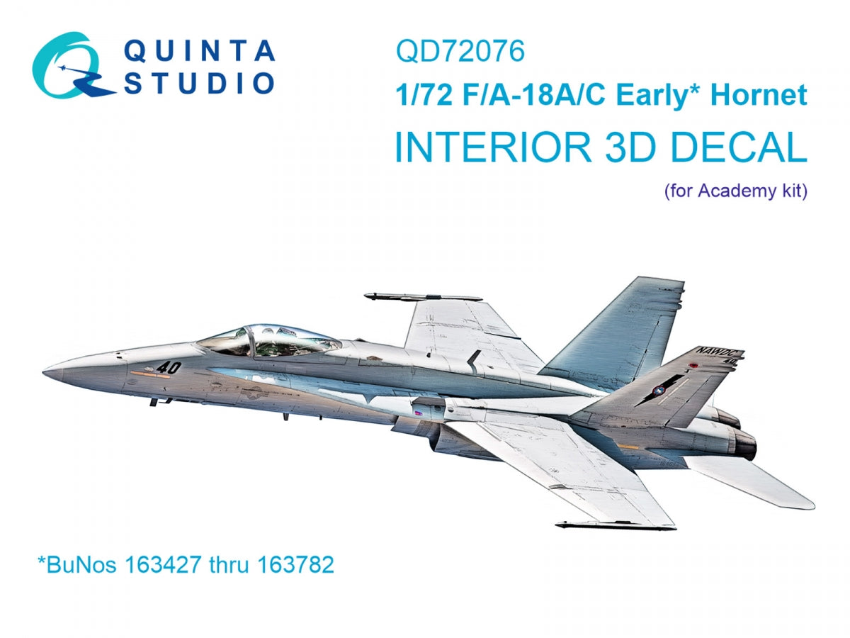 Quinta Studio QD72076 F/A-18A/C early 3D-Printed &amp;amp; coloured Interior on decal paper (Academy) 1/72