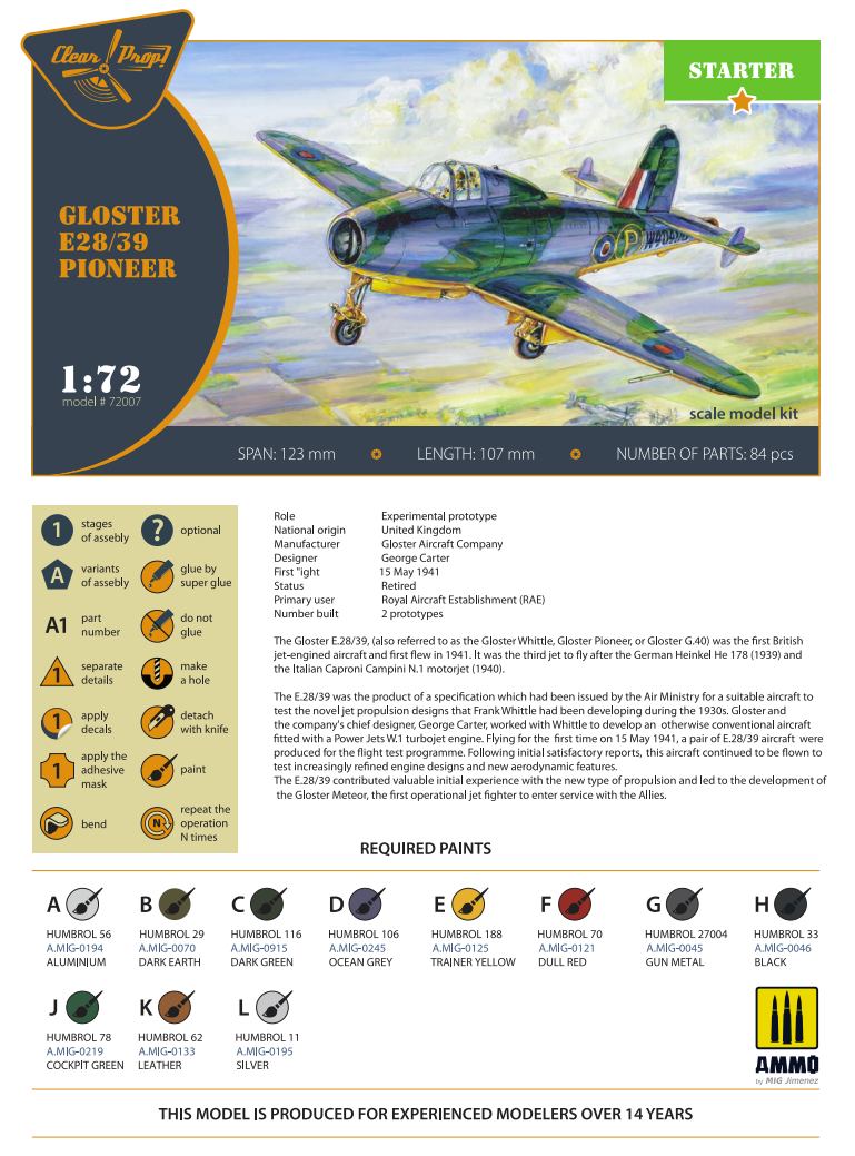 Clear Prop! CP72007 GLOSTER E28/39 PIONEER STARTER KIT 1/72 – imagen 2