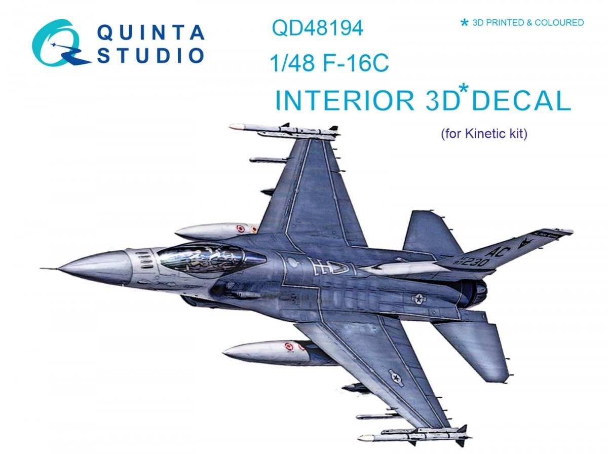 Intérieur imprimé en 3D et coloré sur papier décalcomanie Quinta Studio QD48194 F-16C (pour kit Kinetic) 1/48