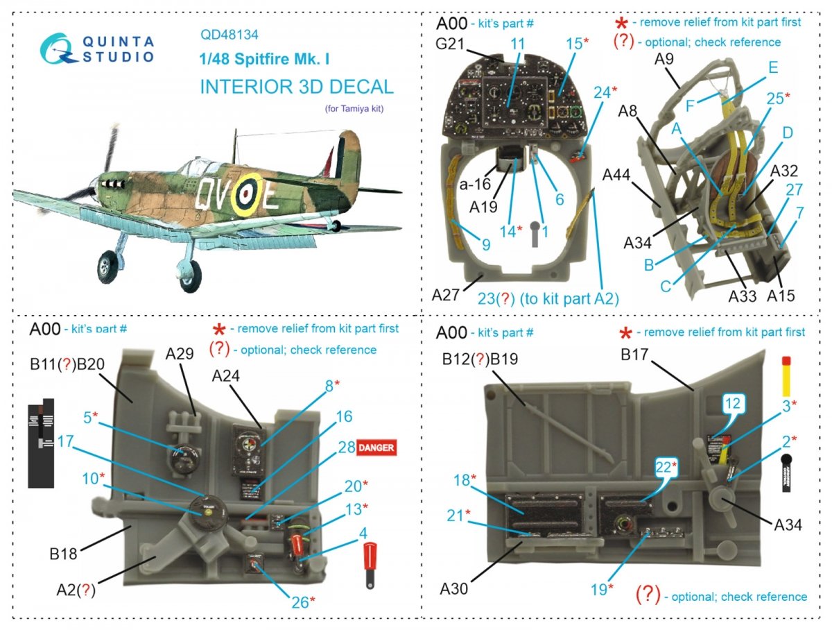 Quinta Studio QD48134 Spitfire Mk.I 3D-Printed &amp;amp; coloured Interior on decal paper (Tamiya) 1/48 – immagine 12