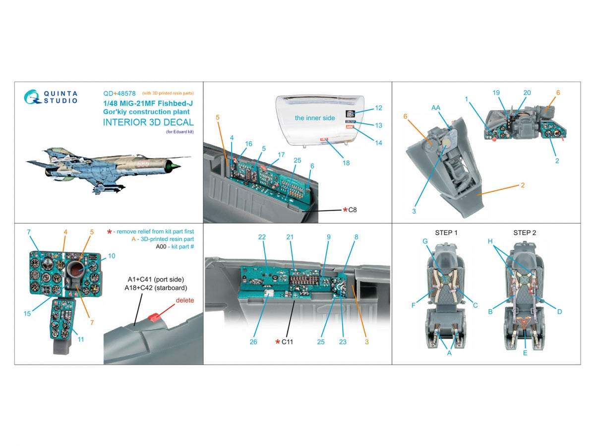 Quinta Studio QD+48578 MiG-21MF Fishbed-J (Gorkiy plant) 3D-Printed &amp;amp; coloured Interior on decal paper (Eduard) (with 3D-printed resin parts) 1/48 – imagen 2
