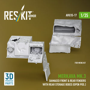 RESKIT AVU35-0017 Merkava Mk.3 damaged front &amp; rear fenders with rear storage boxes (open pos.) for Meng kit (3D Printed) 1/35
