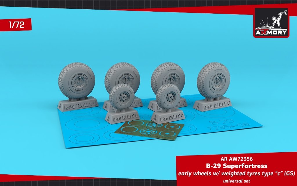 Armory Models AW72356 B-29 Superfortress early production wheels w/ weighted tyres type “c” (GS) &amp;amp; PE hubcaps 1/72